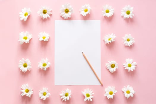 Workspace with paper for notes, chrysanthemum flowers on pink. Flat lay, top view.