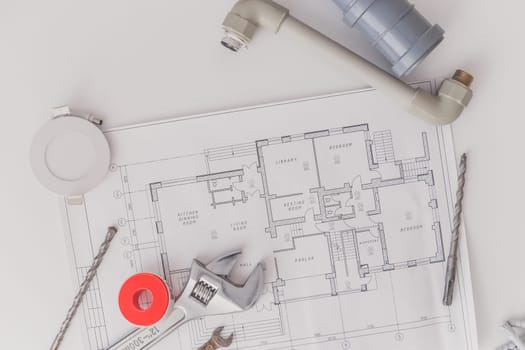 drawings and tools for repair and construction. Tio view.