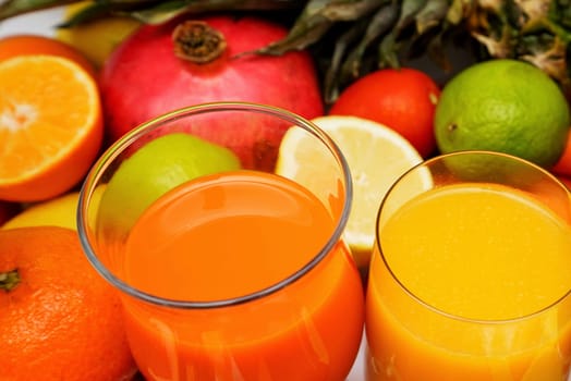 Fruit and vegetable juices on a white background
