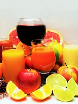 Fruit and vegetable juices on a white background