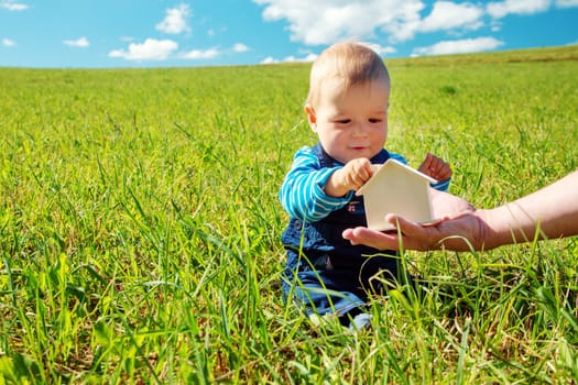 little boy with shape of house in beautiful green field on sunny day