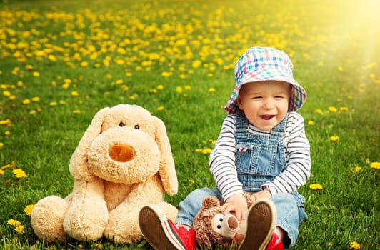 Little boy in hat standing on the field with soft toys in summer