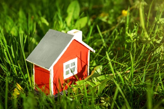 red wooden house model on the grass in garden