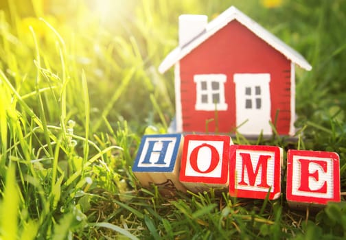 red wooden house model on the grass in garden