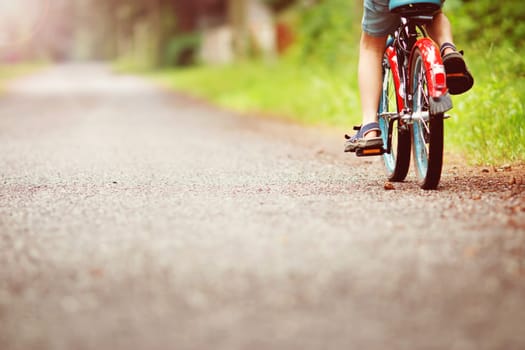 child on a bicycle at asphalt road in summer. Bike in the park