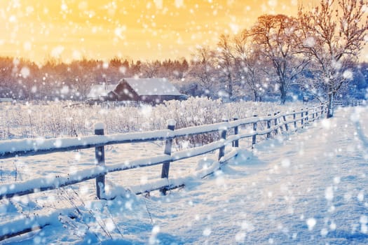 Rural house with a fence in winter. Village after snowfall