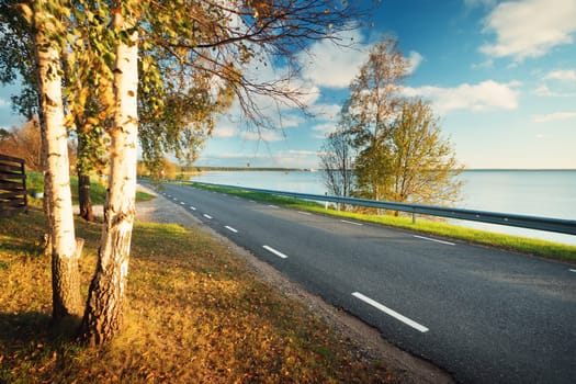 asphalt road at seaside at sunset in autumn