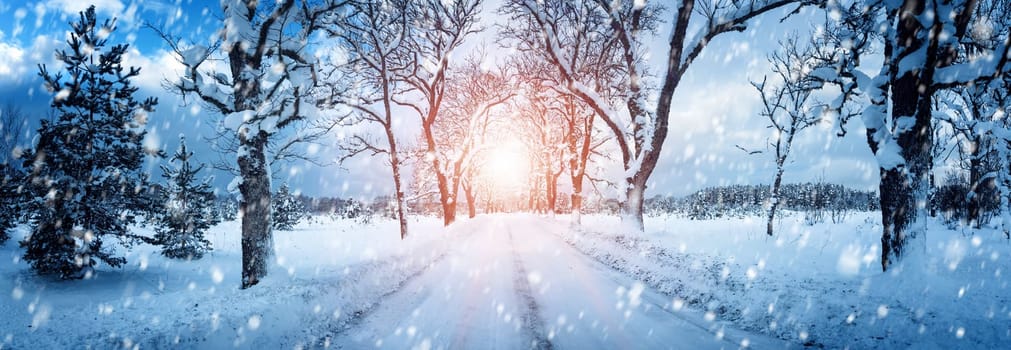 winter panorama on the road through snowy alley