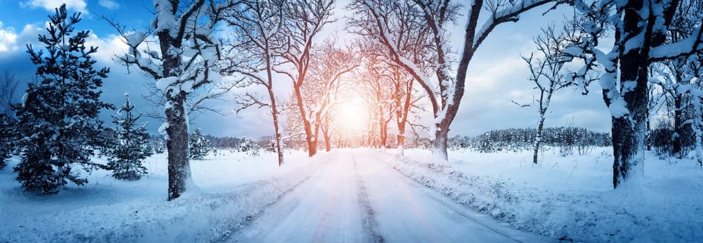 winter panorama on the road through snowy alley