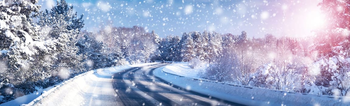 Car on winter road covered with snow