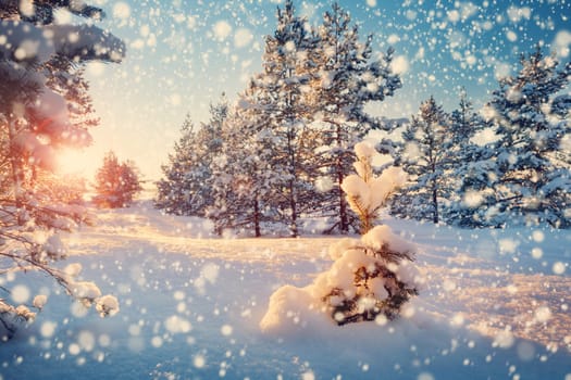 Beautiful tree in winter landscape in late evening in snowfall