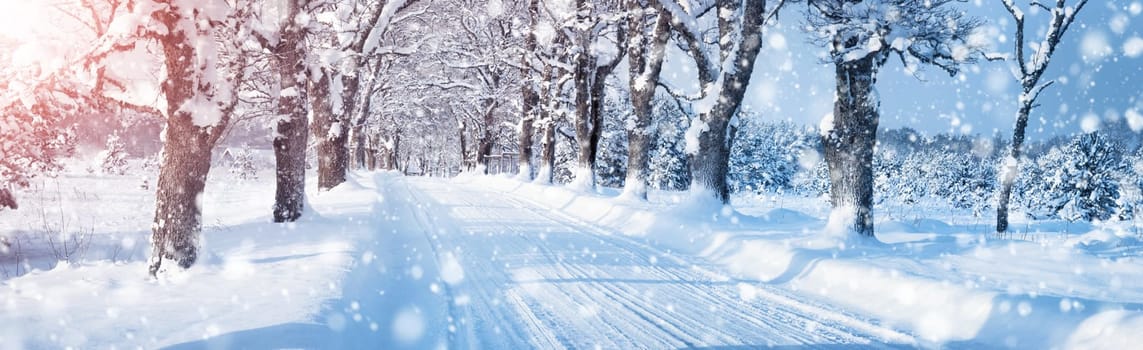 winter panorama on the road through snowy alley