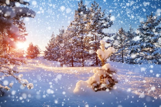 Beautiful tree in winter landscape in late evening in snowfall