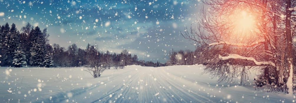 winter panorama on the road through coniferous forest