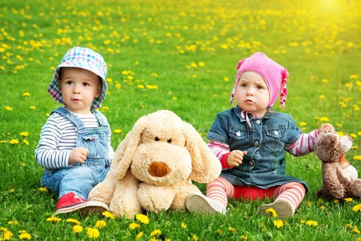 Little boy and girl in hats sitting on the field with soft toys in summer. Two cute one year old babies on the grass with dandelions
