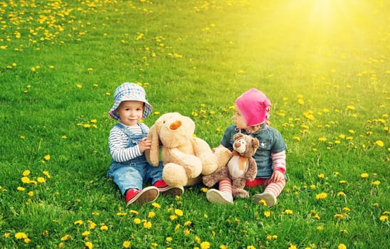 Little boy and girl in hats sitting on the field with soft toys in summer. Two cute one year old babies on the grass with dandelions