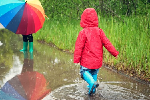 Child walking in wellies in puddle on rainy weather. Boy holding colourful umbrella under rain in summer