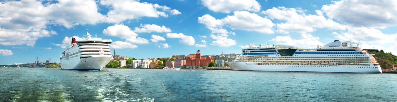 View to Stockholm from seaside in Sweden. Two ferries are at bay near stockholm on beautiful sunny day in summer.