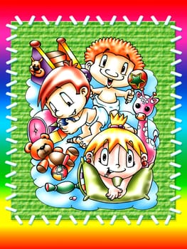 a digitally illustrated cute playing kids