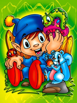 a digitally illustrated cute kid with pets
