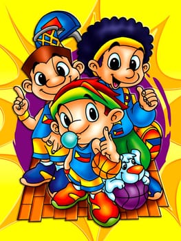 a digitally illustrated cute playing kids