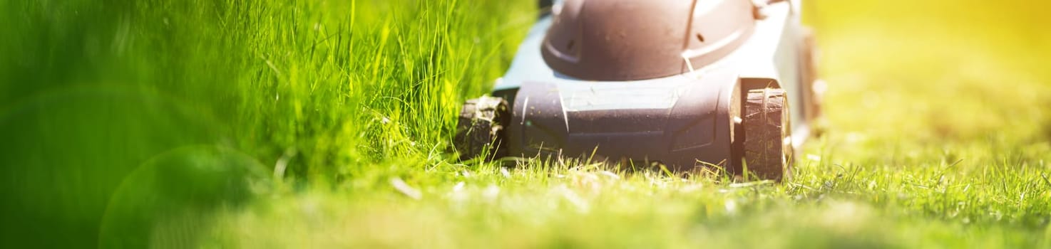 Grass cutter mowing the lawn in summer