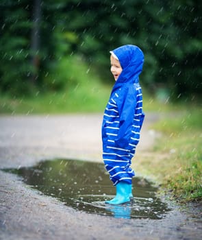Child walking in wellies in puddle on rainy weather. Happy boy in raincoat