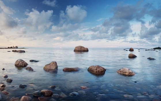 Rocky shores at the sea in sunset light. Lahemaa natural park coastal landscape with beautiful sky