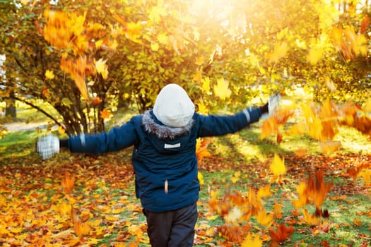 cute child running on the lawn covered with yellow leaves. Boy having fun outdoors in autumn