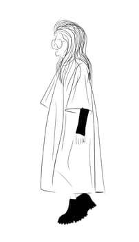 Woman black white isolated on white background. Modern style of clothing. Women in coats. Top Model. Fashion week. Trend illustration.