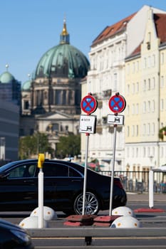 Road construction site on a bridge in Berlin with no stopping signs