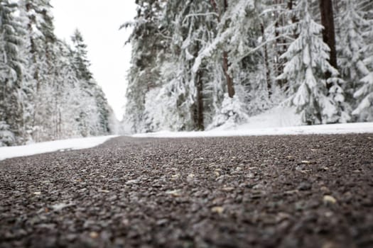 Asphalt road in snowy winter on beautiful frosty day