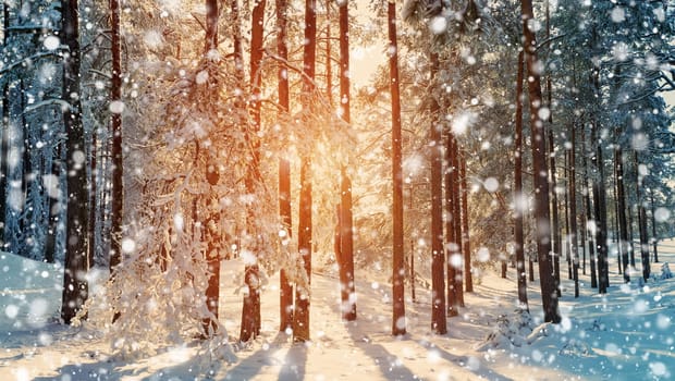 Pine trees covered with snow on frosty evening. Beautiful winter panorama at snowfall