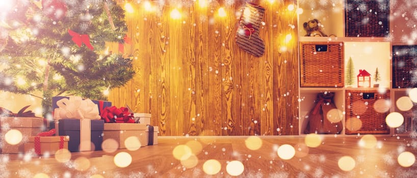 Old wooden planks with christmas decoration and fir tree at home. Brown background with gift boxes