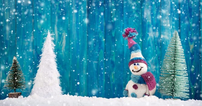 little knitted snowmans on soft snow on blue background