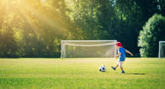 Little boy playting football on the field with gates. Active child in summer with ball