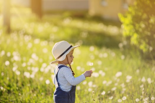 Happy baby boy standing in grass on the fieald with dandelions at sunny summer evening. Smiling child outdoors