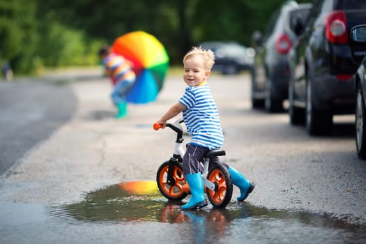 child on a balance bicycle at asphalt road in summer. Bike in the park moving through puddle on rainy day