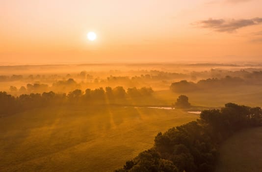 Sun rising above riparian forest in summer from drone. Outdoor scenery with sky and clouds in the morning illuminated by soft orange light. Misty natural environment from aerial point of view.