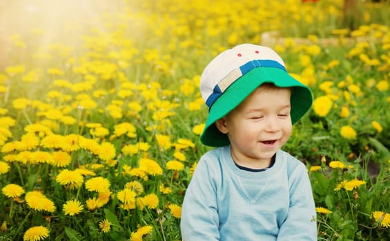 Little boy in hat sitting on the field with dandelions in summer. Happy child outdoors in grass in nature