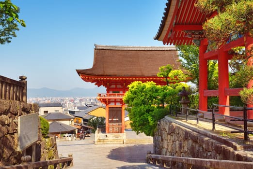 View to Kiyomizu-dera Temple complex in Kyoto, Japan. Shin Buddhism buildings in Southern Higashiyama
