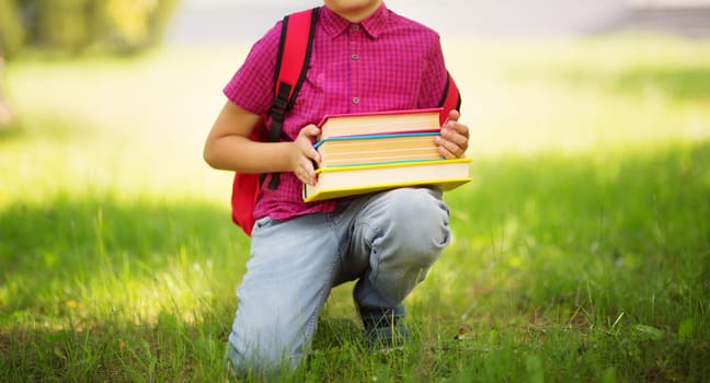 Child with rucksack sitting in the park near school. Pupil with books and backpack outdoors