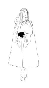 Woman black white isolated on white background. Modern style of clothing. Women in coats. Top Model. Fashion week. Trend illustration.