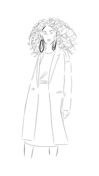 Woman black white isolated on white background. Modern style of clothing. Women in coats. Top Model. Fashion week. Trend illustration.