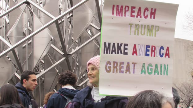 Washington, DC / USA - 01/21/2017: Women's March on Washington pink hats and protest signs, view from the crowd.