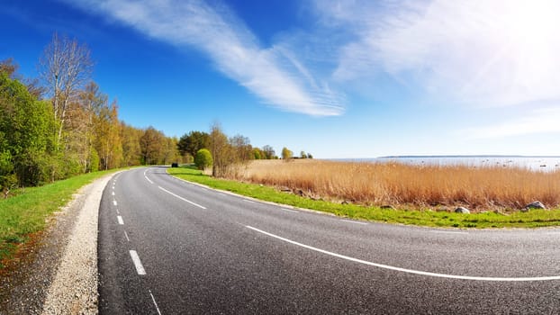 road with dividing line panorama in countryside on sunny spring day. Travel and vacations concept with black asphalt in nature at forest
