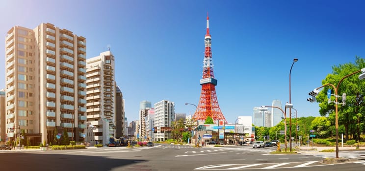 panoramic view to the Tokyo tower, Japan. Cityscape with many modern business buildings on Sakurada street