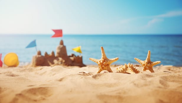 Sandcastle on the beach at sea in summertime. Seashore on beautiful day with clean sand and starfish. Travel and vacations concept
