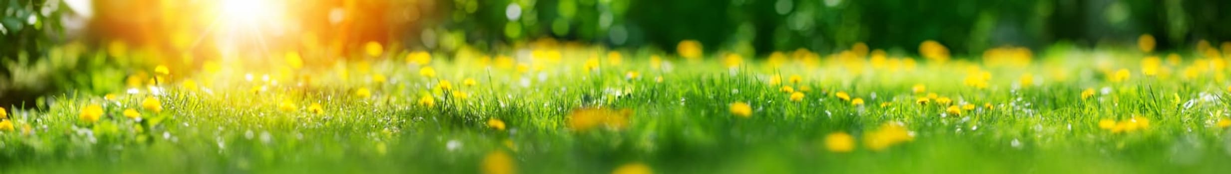 Green field with yellow dandelions outdoors in nature in summer. Meadow with beautiful flowers in spring. Fresh grass on floral background