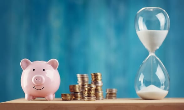 piggy bank with stacked coins. Pig with money savings and hourglass on blue background